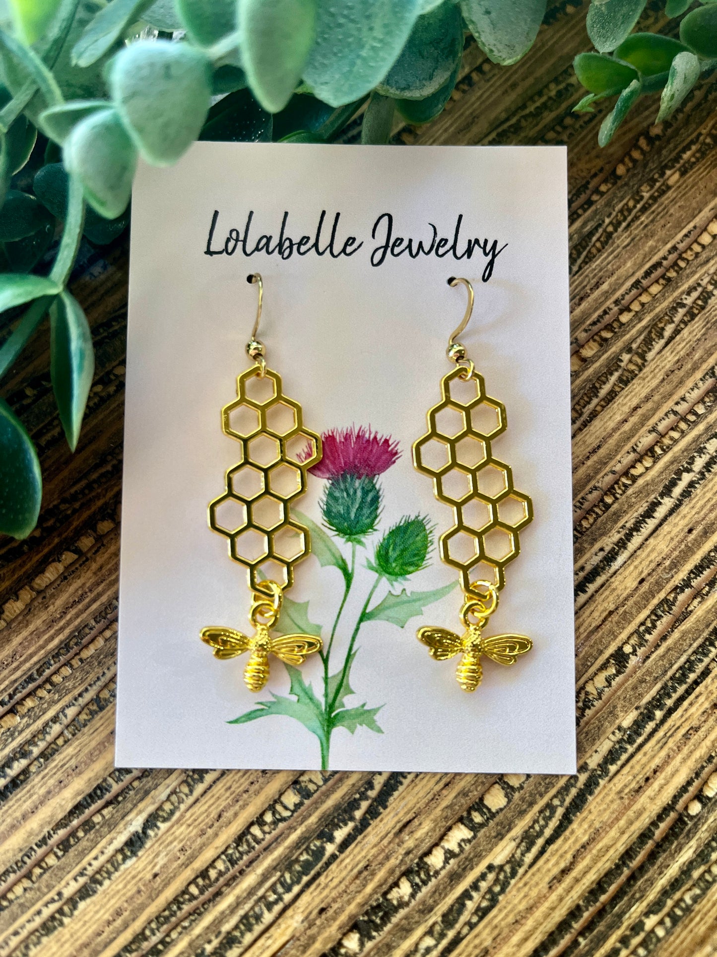 Gold Colored Bee and Honeycomb Charm Earrings
