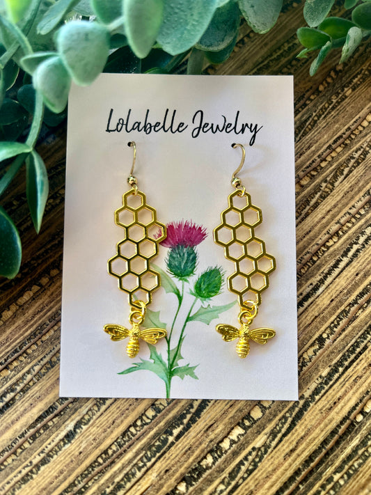 Gold Colored Bee and Honeycomb Charm Earrings
