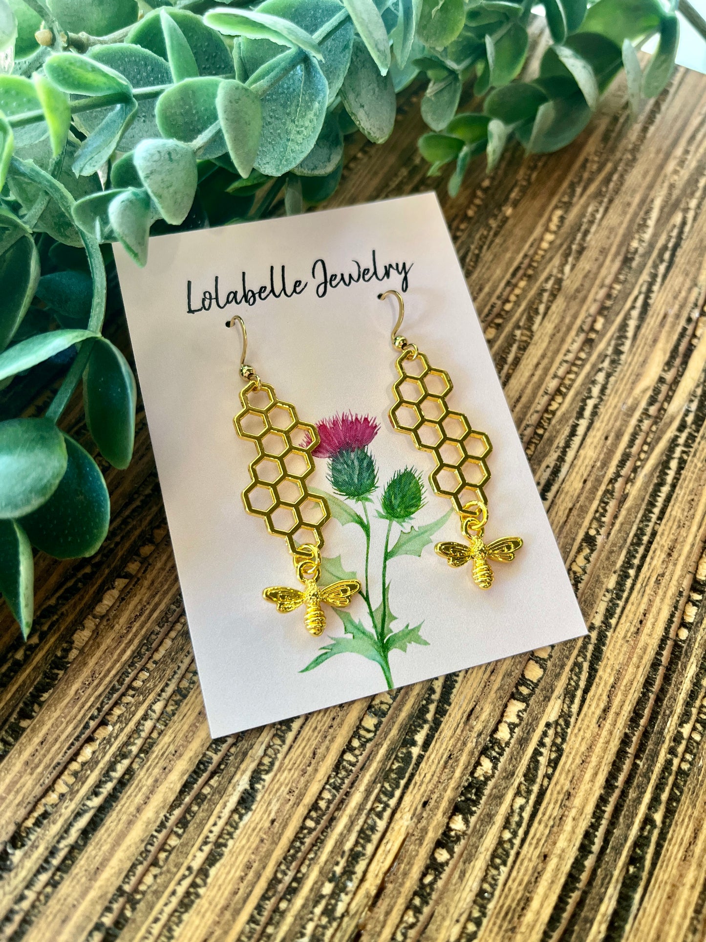 Gold Colored Bee and Honeycomb Charm Earrings