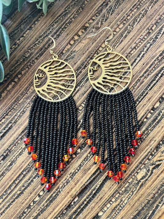 Black and Orange Sun Shining Fringe Earrings