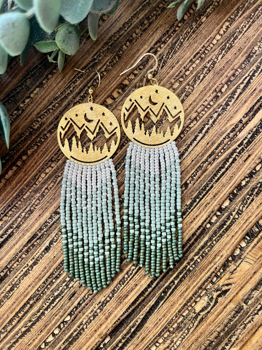 Sage Green Long Mountain Fringe Earrings