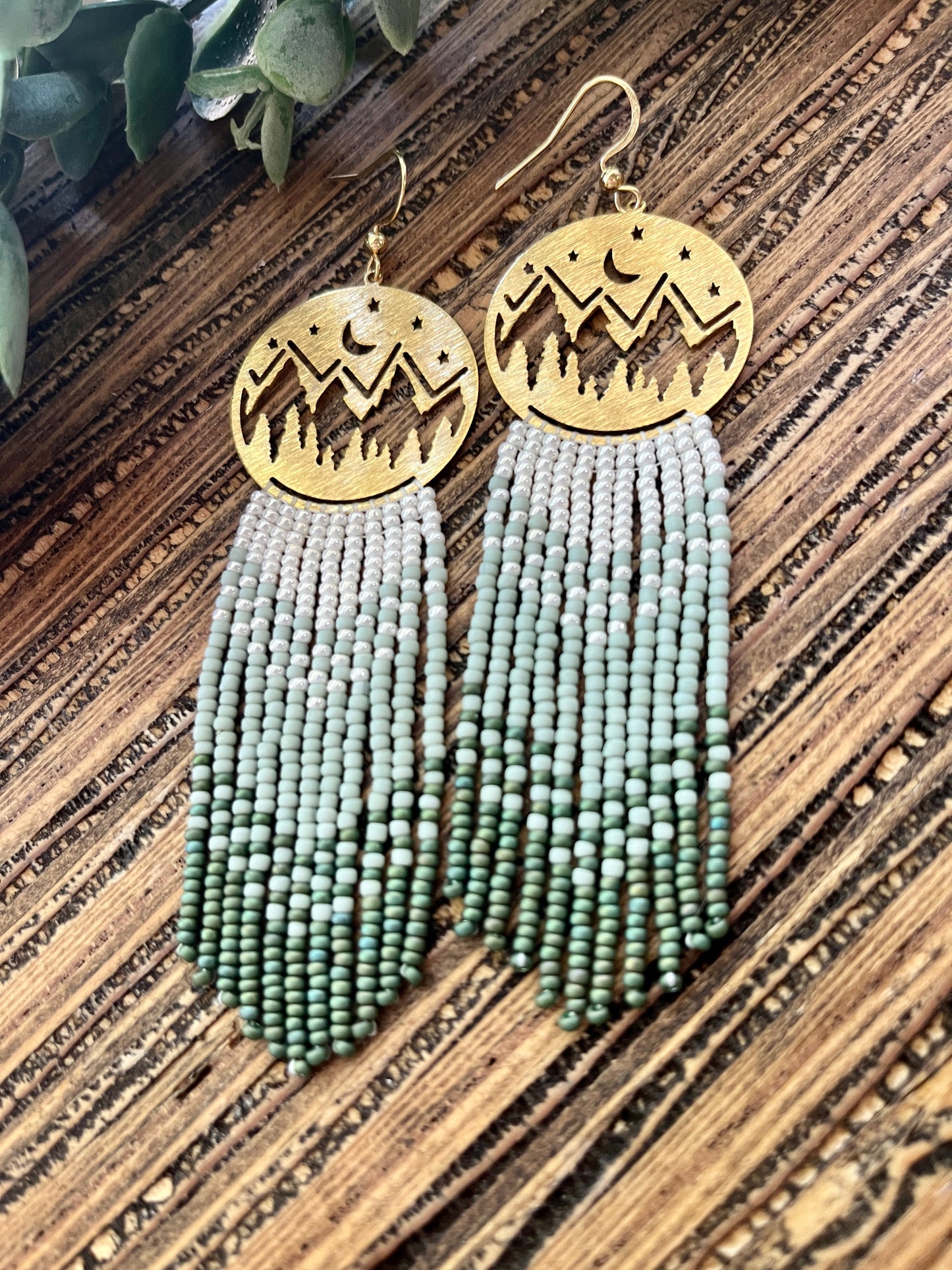 Sage Green Long Mountain Fringe Earrings