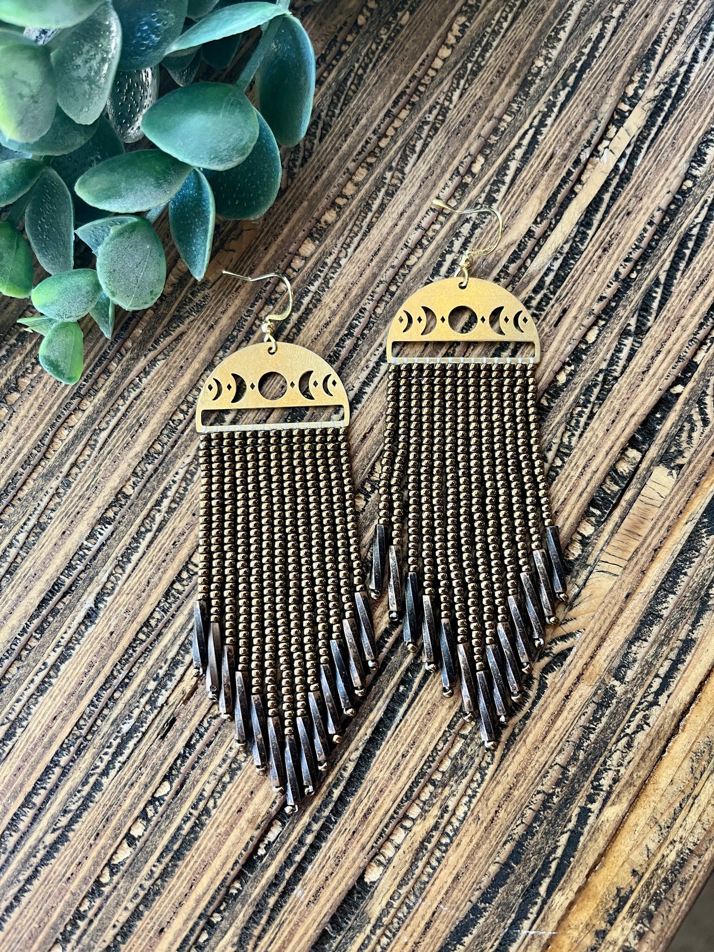 Bronze Moon Phase Long Fringe Earrings