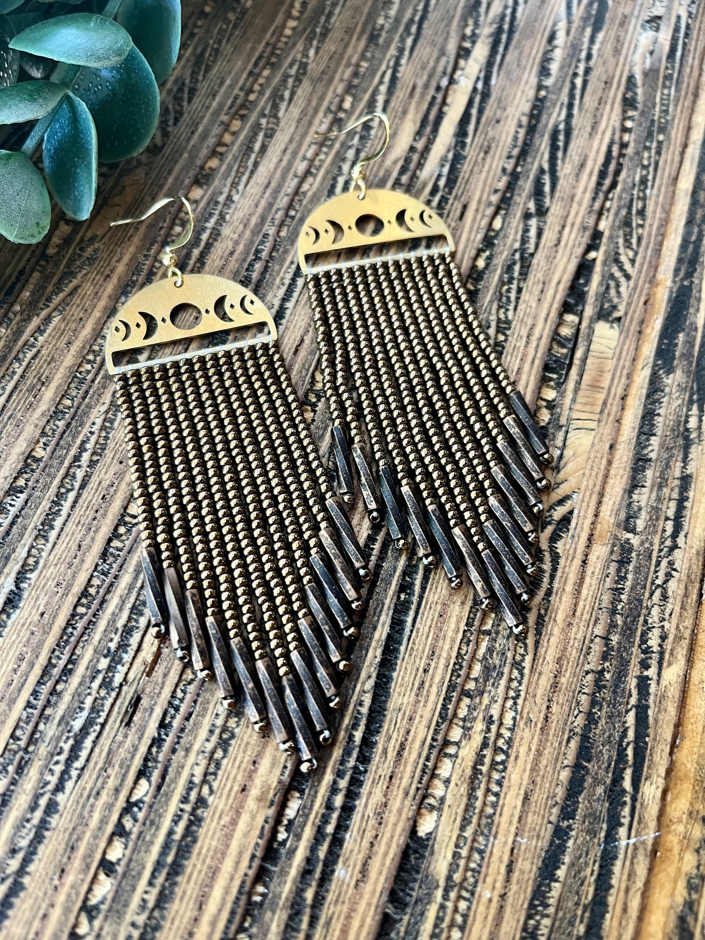 Bronze Moon Phase Long Fringe Earrings