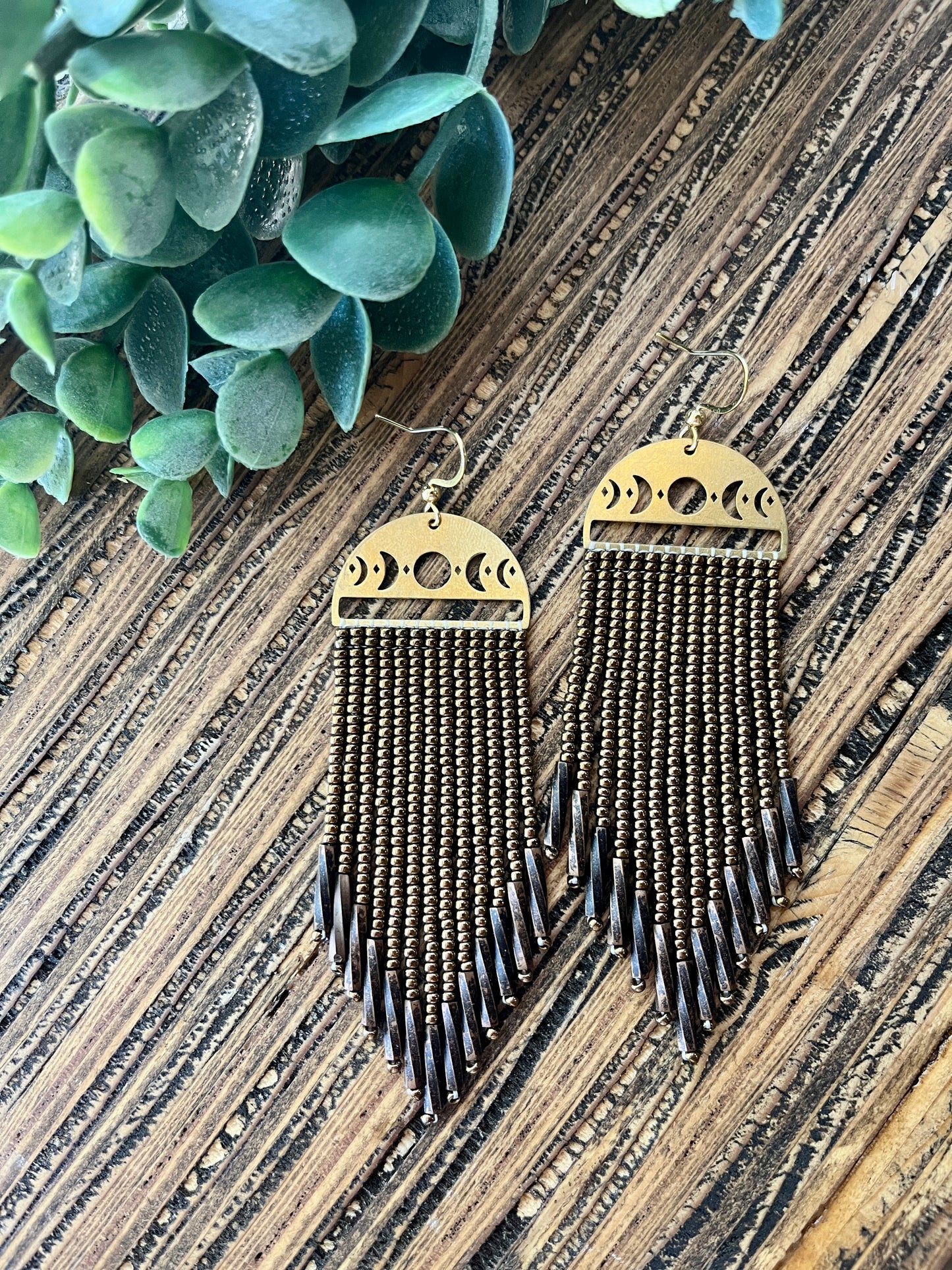 Bronze Moon Phase Long Fringe Earrings