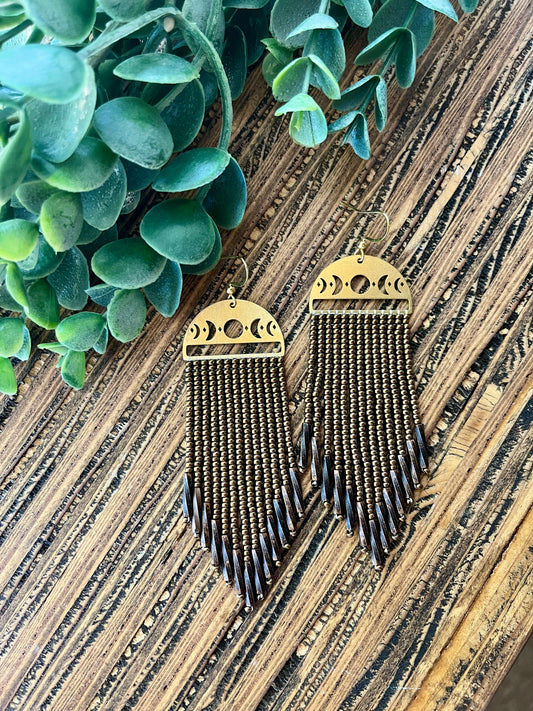 Bronze Moon Phase Long Fringe Earrings
