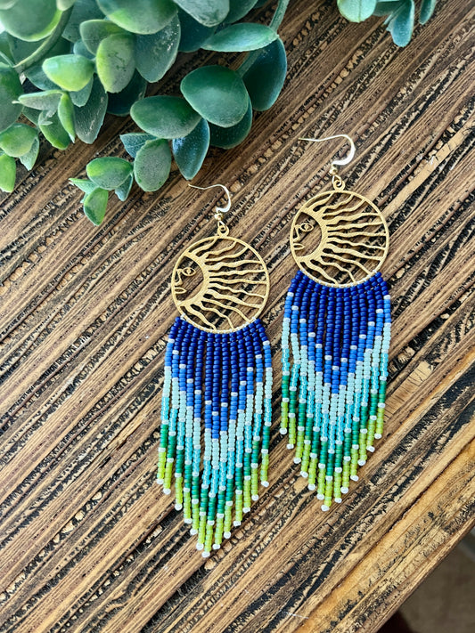 Cool Blue Ombre Sun Top Fringe Earrings
