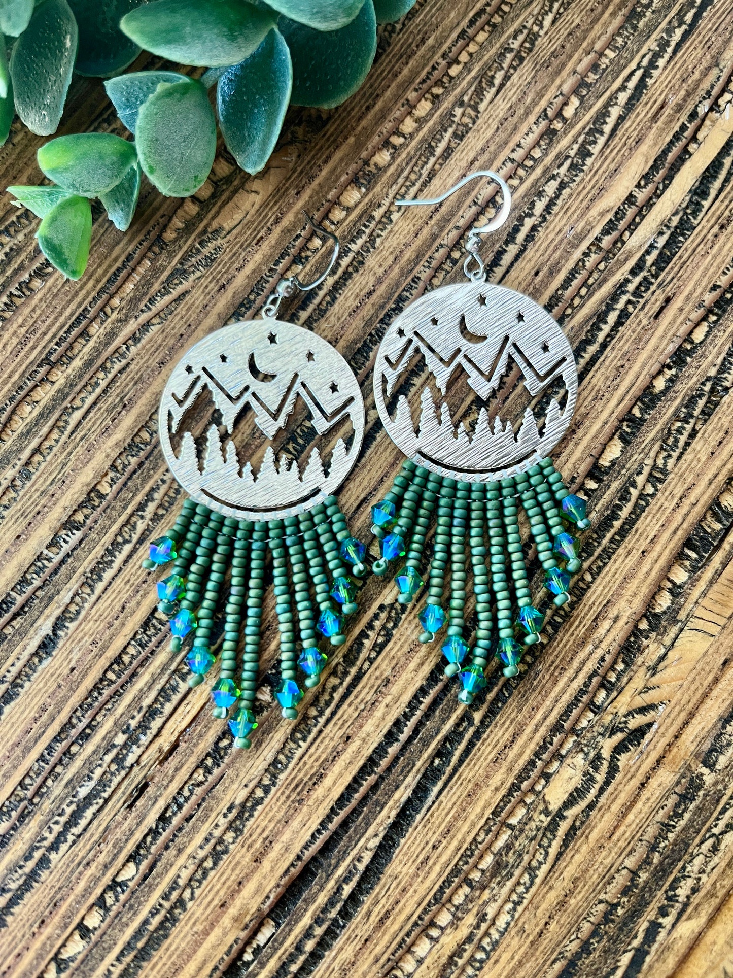 Short Green Mountain Top Fringe Earrings