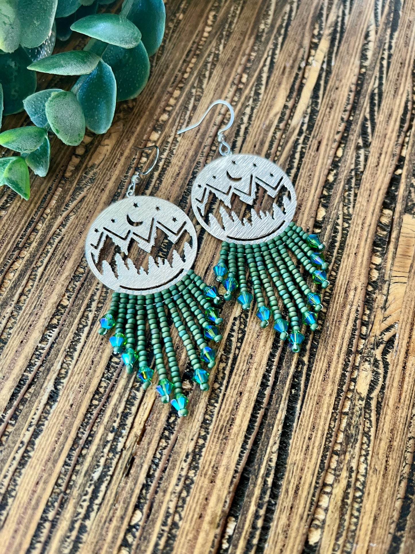 Short Green Mountain Top Fringe Earrings