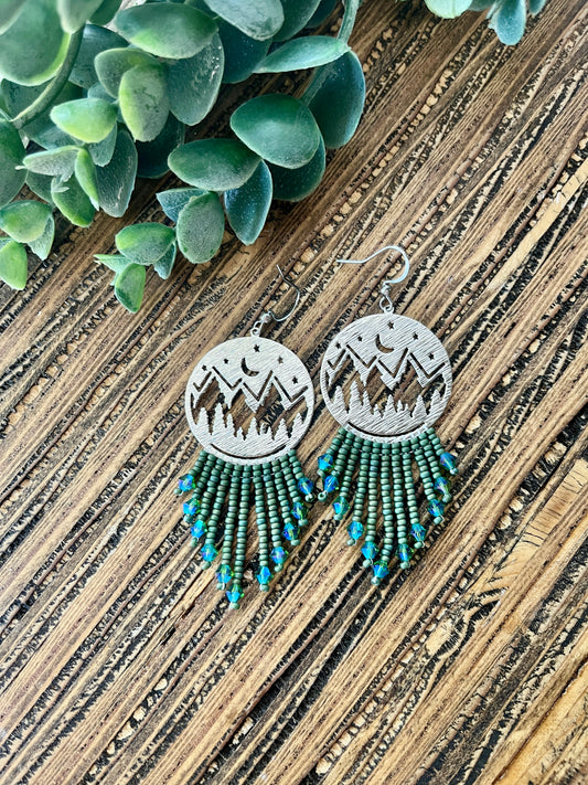 Short Green Mountain Top Fringe Earrings
