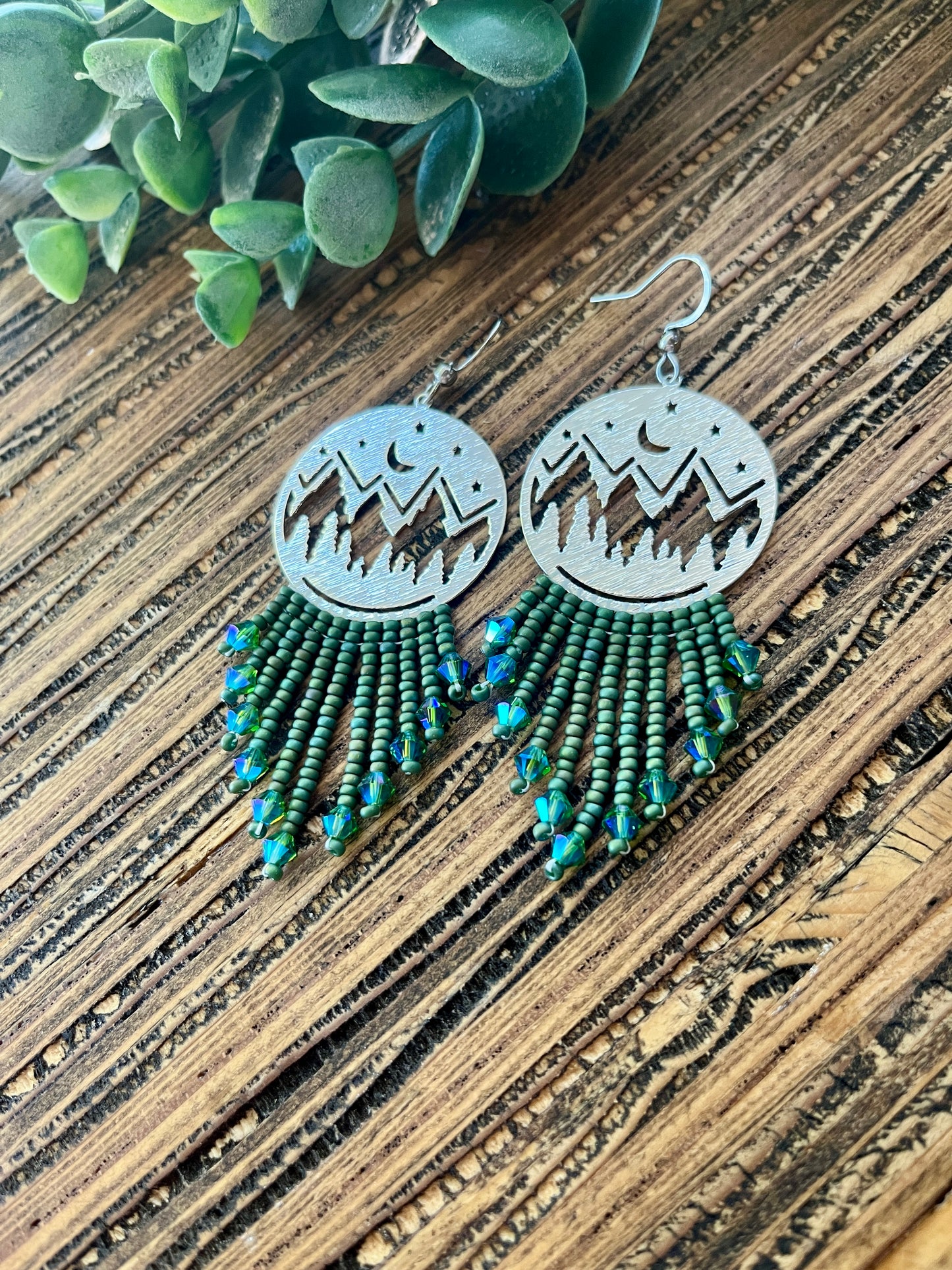 Short Green Mountain Top Fringe Earrings