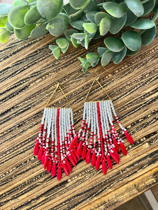 Red Dagger Beaded Triangle Fringe Earrings