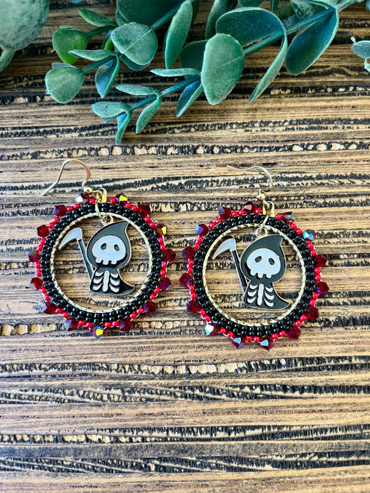 Grim Sparkle Bead Lined Hoop Earrings, Halloween Earrings