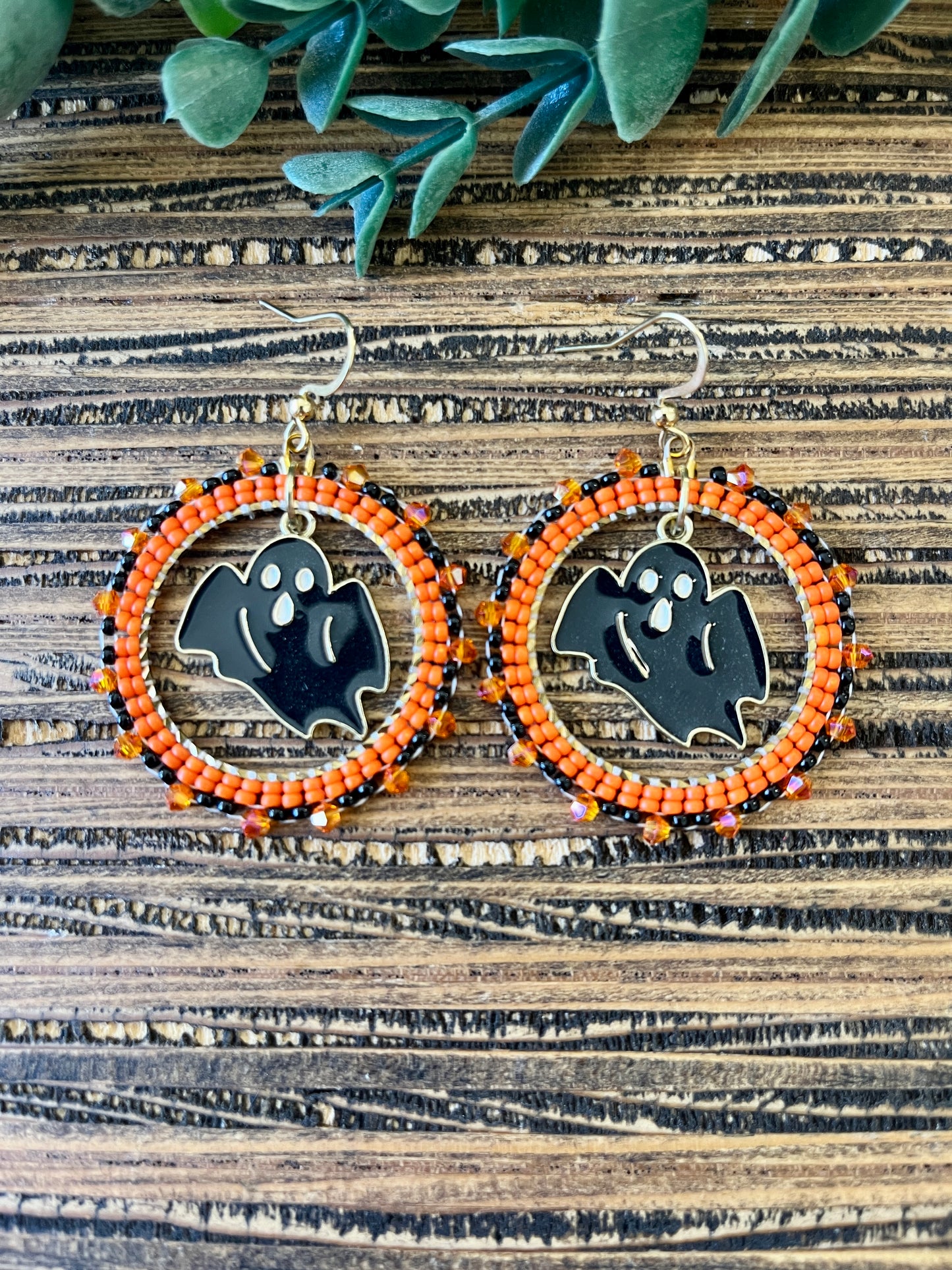 Sparkling Ghost Beaded Hoop Earrings, Halloween Earrings
