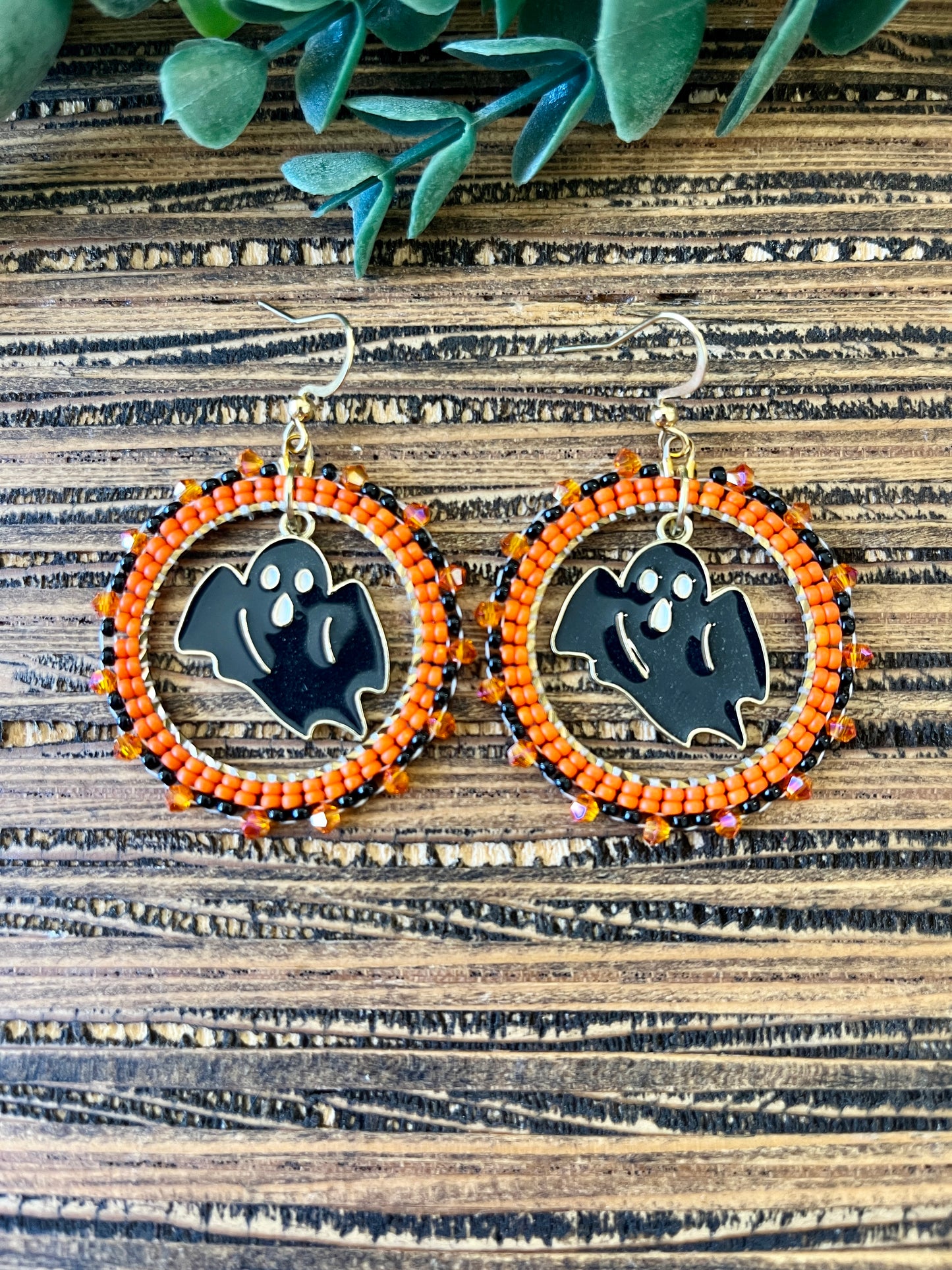 Sparkling Ghost Beaded Hoop Earrings, Halloween Earrings