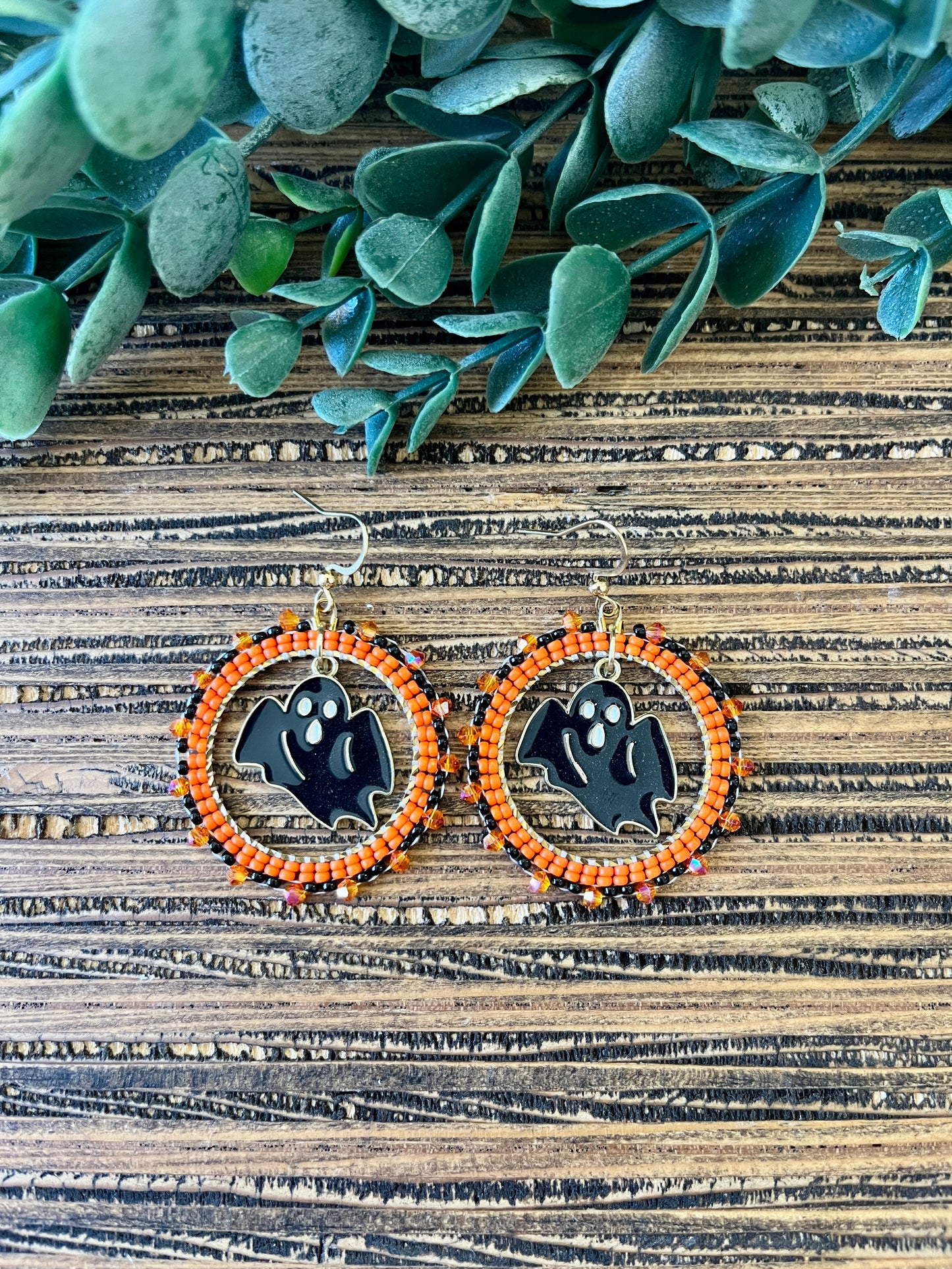 Sparkling Ghost Beaded Hoop Earrings, Halloween Earrings
