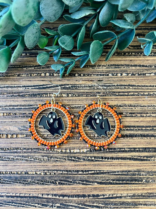 Sparkling Ghost Beaded Hoop Earrings, Halloween Earrings