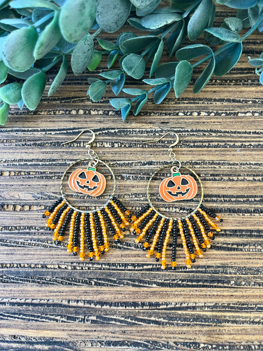 Cute Black and Orange Jack-o-Lantern Fringe Earrings