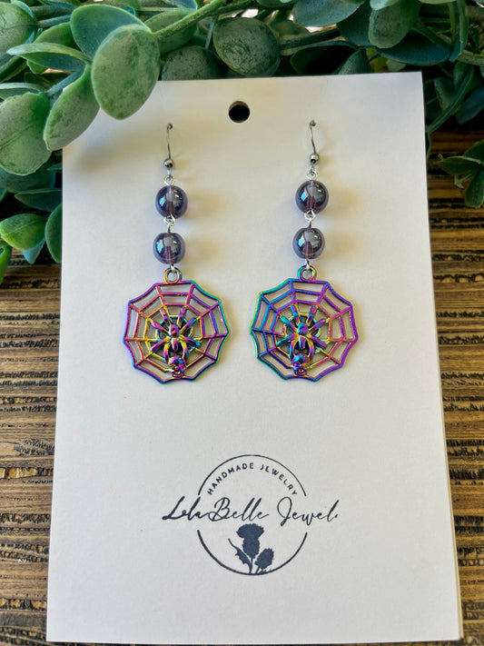 Iridescent Purple Spider Web Drop Earrings