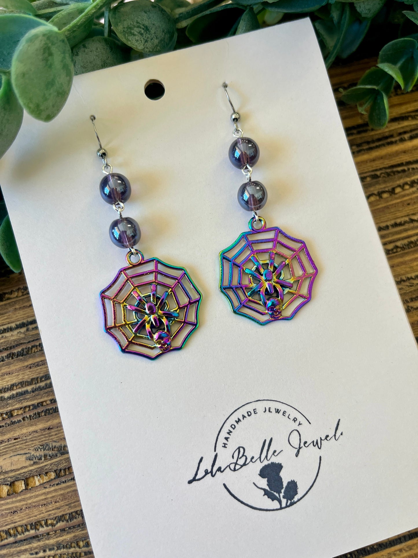 Iridescent Purple Spider Web Drop Earrings