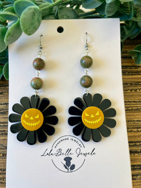 Acrylic Jack-o-Lantern Earrings, Green Stone Beads