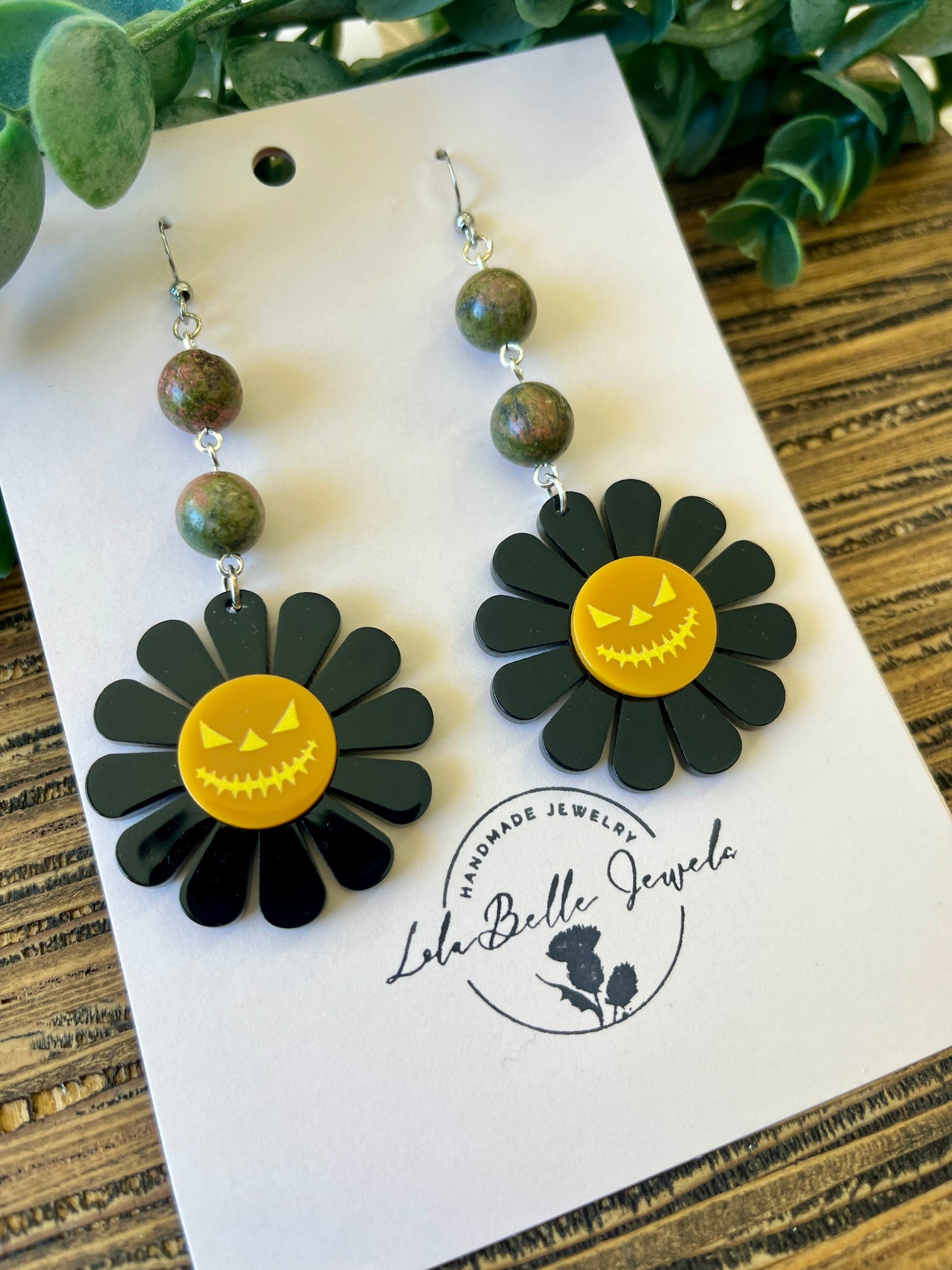 Acrylic Jack-o-Lantern Earrings, Green Stone Beads