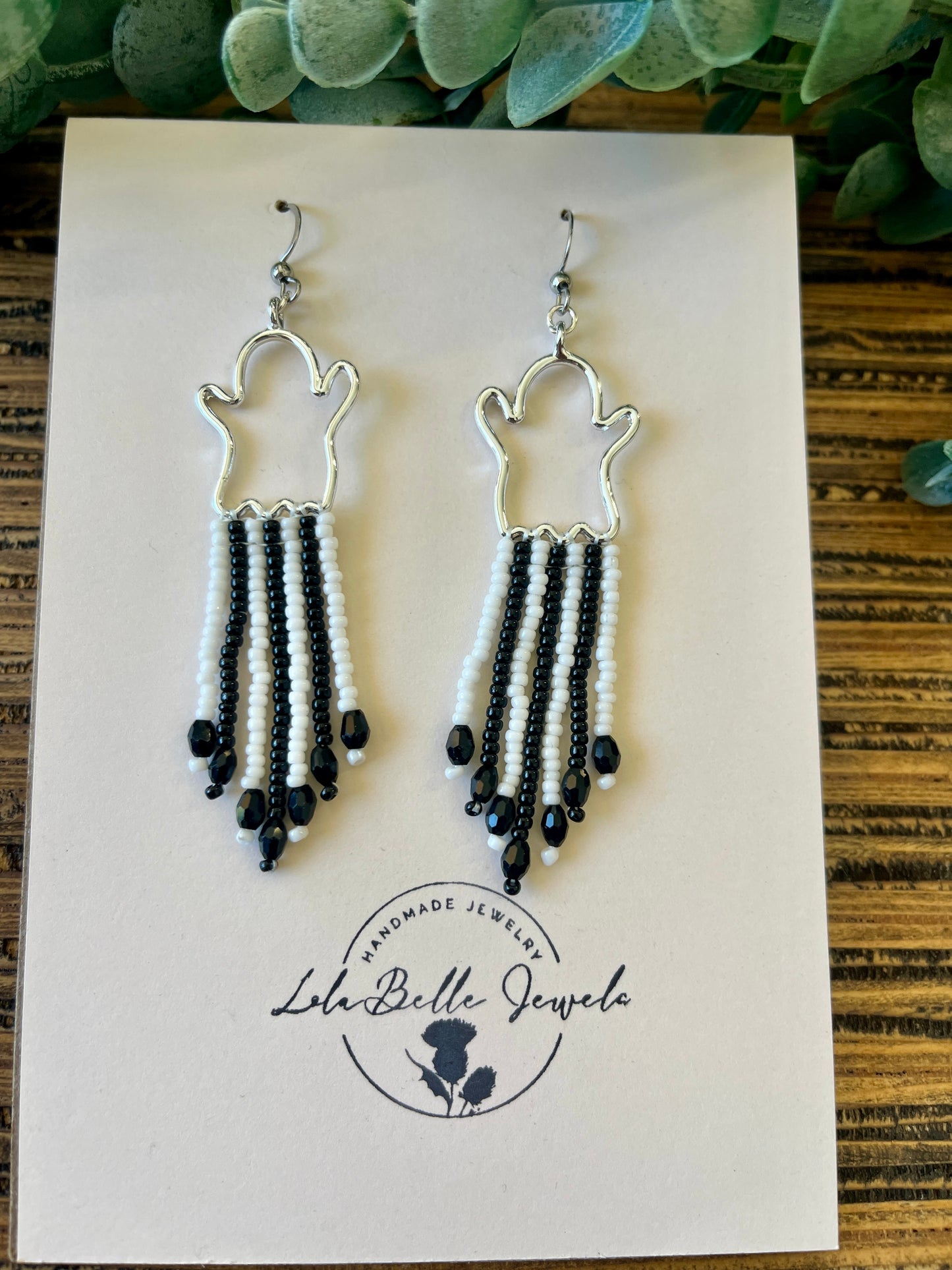 Silver Ghost Fringe Earrings, Short Fringe, Black and White