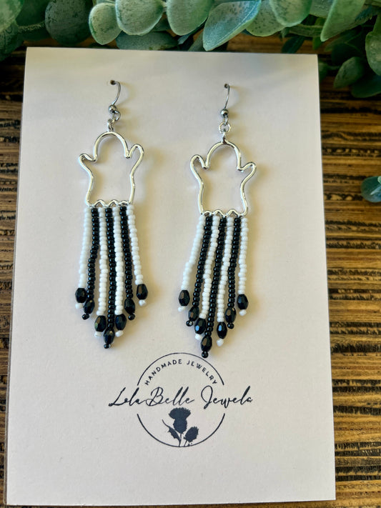 Silver Ghost Fringe Earrings, Short Fringe, Black and White