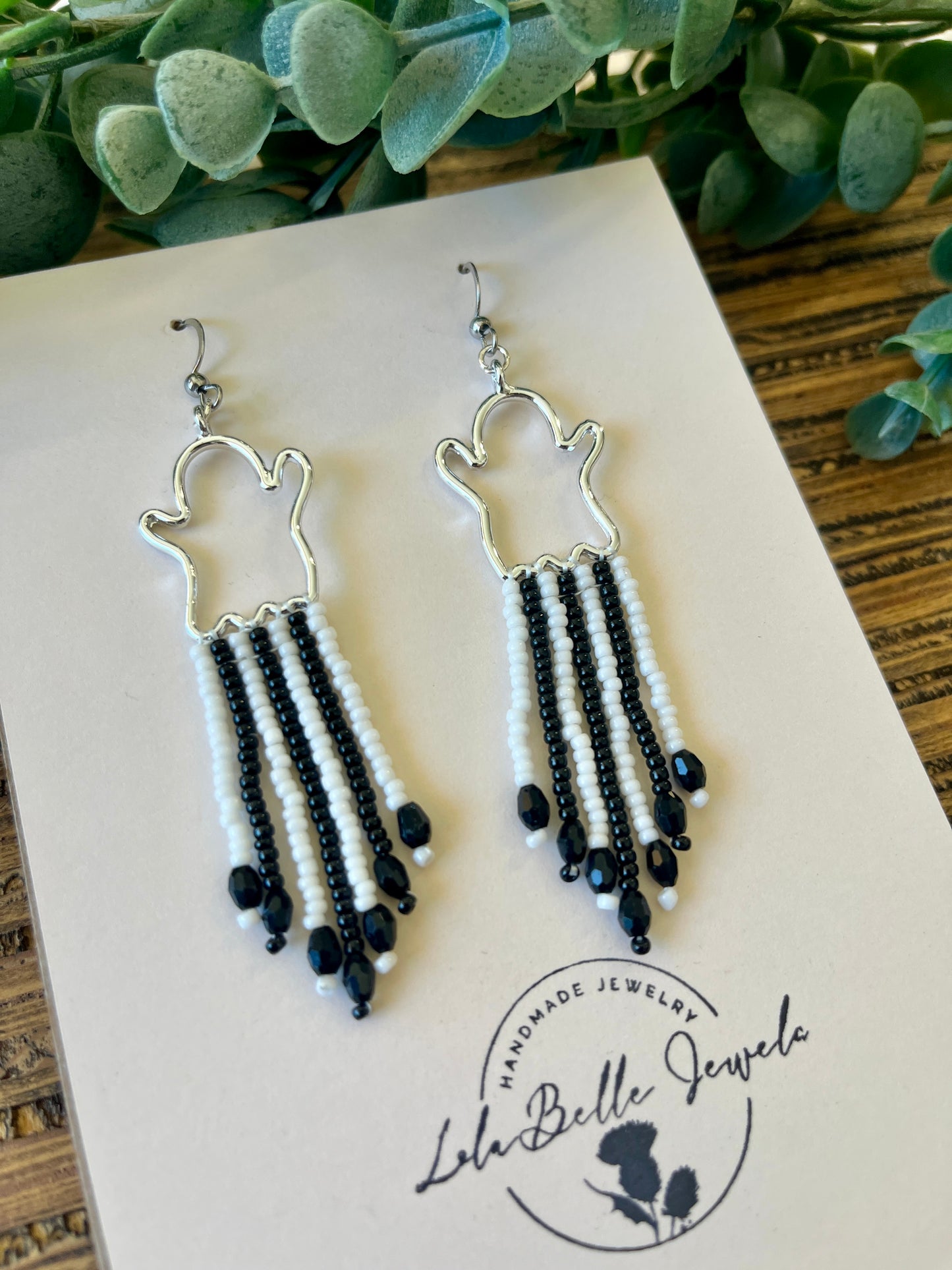 Silver Ghost Fringe Earrings, Short Fringe, Black and White