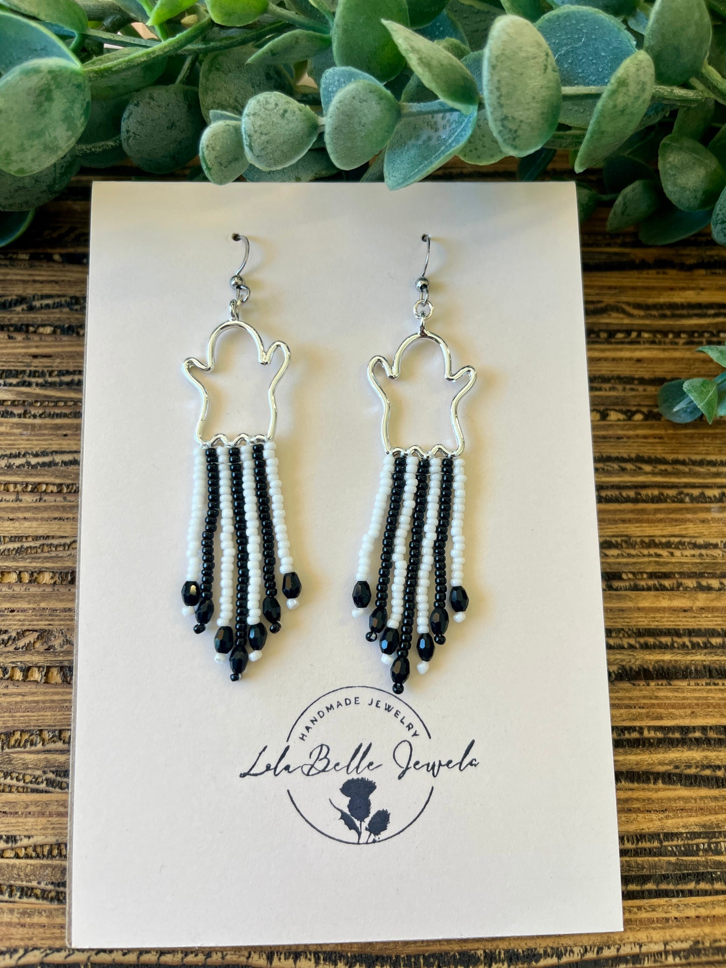 Silver Ghost Fringe Earrings, Short Fringe, Black and White