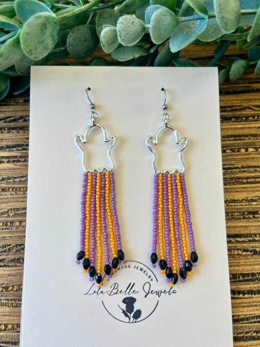 Halloween Ghost Fringe Earrings, Orange and Purple, Silver Ghosts