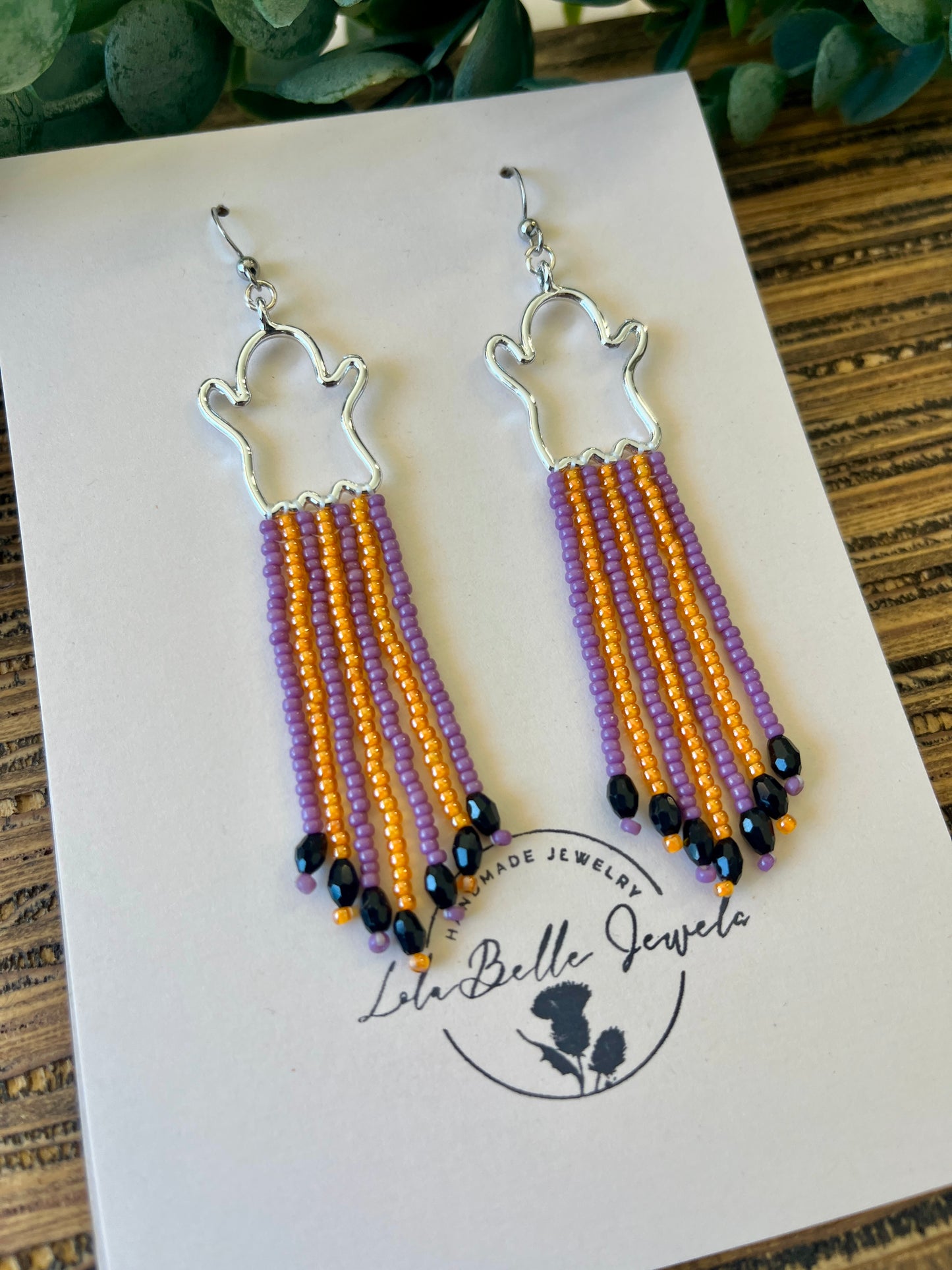 Halloween Ghost Fringe Earrings, Orange and Purple, Silver Ghosts