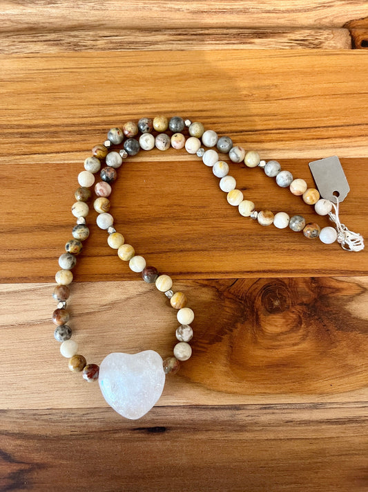 Crazy Hearts, Quartz and Crazy Lace Agate Heart Gemstone Necklace